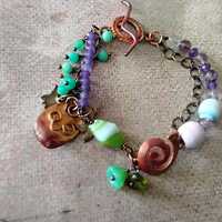 Handcrafted Copper Owl Charm and Swirl Link with Chrysoprase Purple Agates Purple Quartz and Copper 