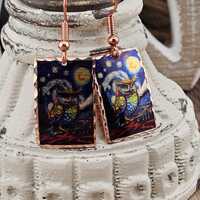 CE - Starry Night Owl Celestial Earrings - Surgical Steel Hypo Allergenic Earwires.