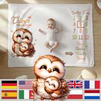 Personalized baby milestone blanket | Owl mother with child | Unisex | Customizable with name and da