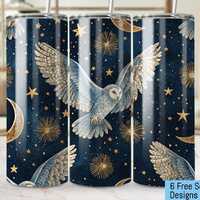 Beautiful owl starlit night Seamless tumbler wrap, mystical lunar stars owl digital PNG file, celest