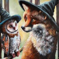 Original canvas painting Witchy Fox and Barn Owl, Fox wall art, Barn owl painting, Whitchy art, Wild