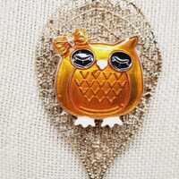 Vintage 3" Owl Lover Spirit Animal Orange enamel pendant 24" Necklace