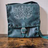 Green Leather Shoulder Bag: Owl Embroidery, LARP Costume, Festival Clothing