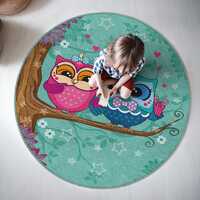 Colorful Owls On Tree Kids Room Round Rug - Branch Hearts Stars Circle Carpet - Teal Nursery Decor -
