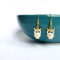 Owl Earrings - Enamel, Gold Plated, White, Bird, Animal, Gift, Jewellery.