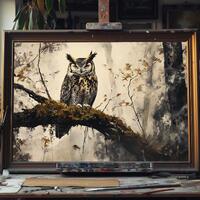 Fine Art Oil Painting Great Horned Owl in Forest Mist, Mystical Woodland Bird Art, Nocturnal Wildlif