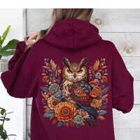 Floral Owl Hoodie Boho Owl Hooded Sweatshirt Cottagecore Sweater Front & Back Print Unisex Pullo