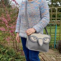 Grey leather owl shoulder bag, crossbody bag