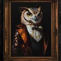 Gothic Owl Portrait, Dark Academia Wall Decor, Funny Royal Pet Painting, Vintage Animal Lover Gift, 