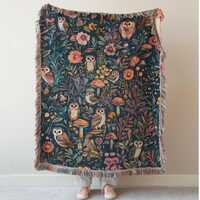 Cottagecore owls Forest Animal Blanket: Woven Cotton Woodland Throw
