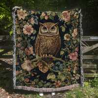 Owl Tapestry Blanket: Woven Cotton Throw with Fringed Edges