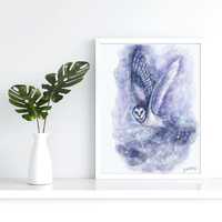 Printable Watercolor Galaxy Barn Owl, digital art print