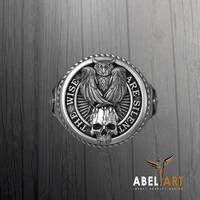 Owl Skull Mason Square Compass Ring, Illuminati Symbol, Vintage Owl Skull Illuminati Symbol Jewelry,