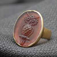 Handmade Owl Intaglio Ring, 925 Sterling Silver Glass Seal Ring, Ancient Greek Athena Symbol, Unique