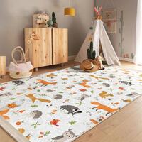 Fox Owl Woodland Nursery Rug - Animals Toddler Carpet - Wild Life Crawling Chid Mat - White Birds Pl
