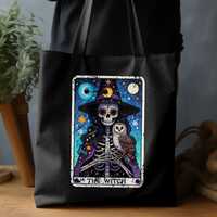 Halloween Witch Tote Bag, Skeleton and Owl Illustration, Spooky Themed Artwork, Witchcraft Gift Tote