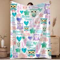 Personalized Plush Baby Blanket: Owl, Stars & Hearts - Custom Name