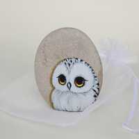 SNOW OWL painted rock | owl head portrait