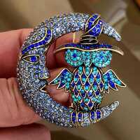 Owl brooch pin, Blue Rhinestone brooch, Bird brooch, Costume Jewelry for Men or Women, Bird jeweller