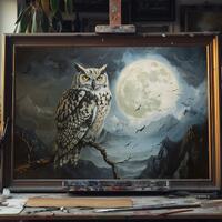 Fine Art Oil Painting of Owl and Nocturnal Moonlight – Mystical Night Bird Art, Full Moon Fore