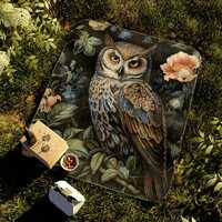 Owl, Bird of Prey Picnic Blanket, William Morris Inspired, Mystical Forest Camping Blanket, Gothicco