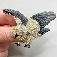 Vintage Rare Coro Robert Geissmann Enameled Black Owl Brooch with Clear Rhinestones, Movable Head, B
