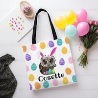Personalized Easter Tote Bag with Hand Drawn Owl Graphic with Bunny Ears and Easter Eggs