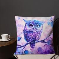Cute Purple Owl Watercolor Linen Pillow – Adorable Owl RoomDecor Cushion, Giftful Decorer Thro