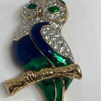 Bird Owl Green Blue Enamel Rhinestones Eyes Vintage Gold tone  Brooch Pin