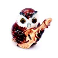 Miniature Ceramic Owl Bird Animal Musician Guitar Little Brown Figurine Small Statue Tiny Decoration