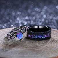 Handmade Owl Couple Ring Set: Lavender Opal & Tungsten Wedding Bands