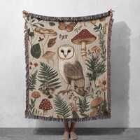 100% Cotton Owl & Mushroom Woven Blanket, Cottagecore Woodland Tapestry Throw, Cottagecore Blank