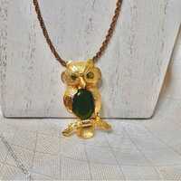 Vintage Gold Tone Owl Brooch Pin Necklace with Green Jade like Stones,
