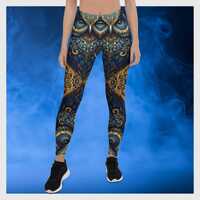 3-D Owl Leggings Majestic Bird Pants Unique Bold Trousers Gym Yoga Athleisure Royal Gold Activewear 