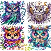 30 Owl Clipart bundle, Sparkling Owl Sublimation Clipart, Colorful Owls, Owl artwork, Owl printable,