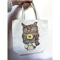 Vintage 70s Canvas Tote Bag: Embroidered Owl, Mushroom & Flower Graphic