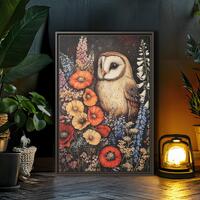 Floral Owl Cottagecore Print: William Morris Style Framed Canvas Art