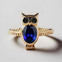 Oval Blue Sapphire Engagement Ring Unique Owl Design 925 Silver Yellow Gold Ring Bridal Promise Ring