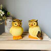 Vintage Chalkware Owl Figurines: Hand-Painted Yellow 1970's Groovy Decor