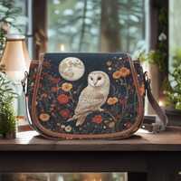 Whimsigoth Barn Owl Saddlebag Purse, Moonlit Forest Owl Crossbody Folk Art Handbag, Dark Cottagecore