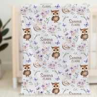 Personalized Owl Baby Girl Name Blanket Purple Floral Infant Swaddle Hospital Blanket New Mom Gift N