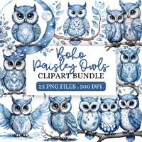 Blue Paisley Owls Clipart | Watercolor Owl Illustrations | Boho Paisley Animal Graphics | Digital Sc