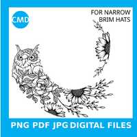 Sunflower Owl Hat Burning Design, Floral Owl Pattern, Flowers, For Narrow Brim Hats, png jpg pdf dig