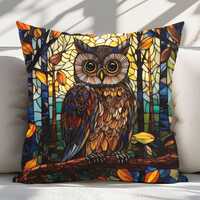 Stained Glass Owl Throw Pillow, Autumn Nature Decor, Vibrant Forest Cushion, Faux Suede Decorative P