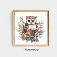 Watercolor Owl Reading Art Print: Woodland Nursery Decor (Digital Download)