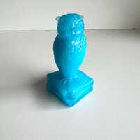 Degenhart Turquoise Blue Owl Paperweight, Glass Bird Figurine, Mid Century, Made in USA