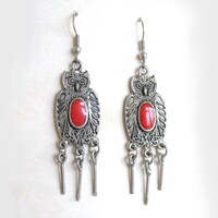 Vintage 80's red enamel owl drop dangle earrings silver tone bird drops (27129)