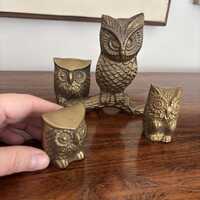 Collection of brass owl figurines - boho metal collectable birds - Leonard Brass