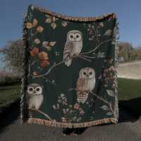 Perched Owl Woven Blanket, Woodlands Throw, Perched Owls, Forest Wall Tapestry, Cottagecore Forest D