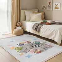 Elephant Owl Gray Kids Room Rug-Cartoon Animal Friends Nursery Carpet-Colorful Birds Baby Room Rug-S